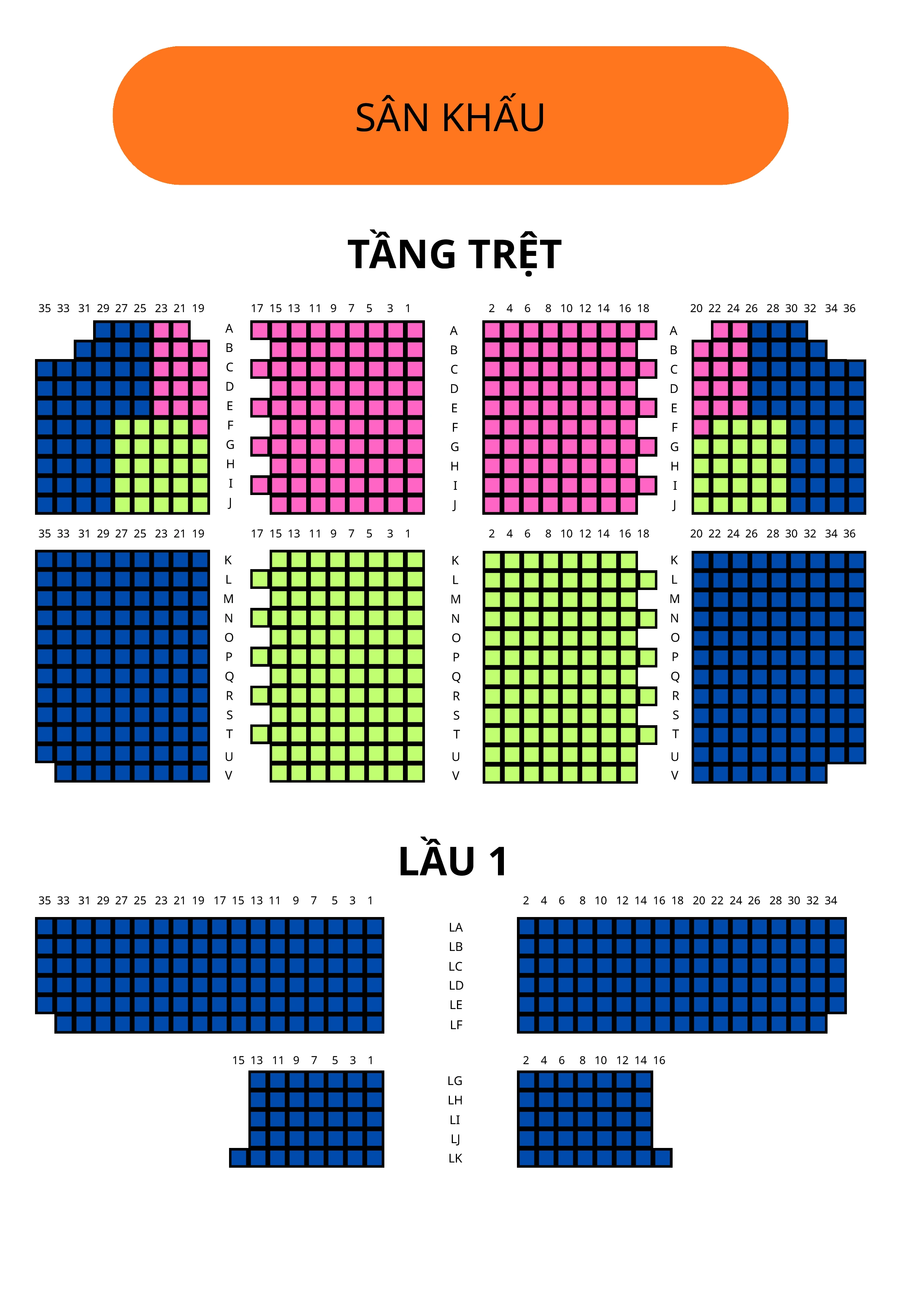 Sơ đồ ghế Nhà hát Bến Thành — Tầng trệt (A–V) và Lầu 1 (LA–LK)
