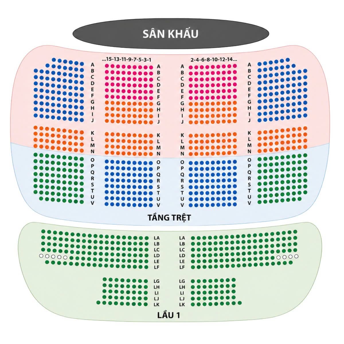 Ben Thanh Theatre seat map — Ground floor (A–V) and Floor 1 (LA–LK)