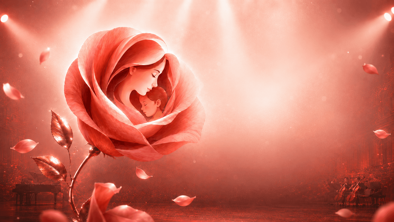 A mother and child inside a rose on stage